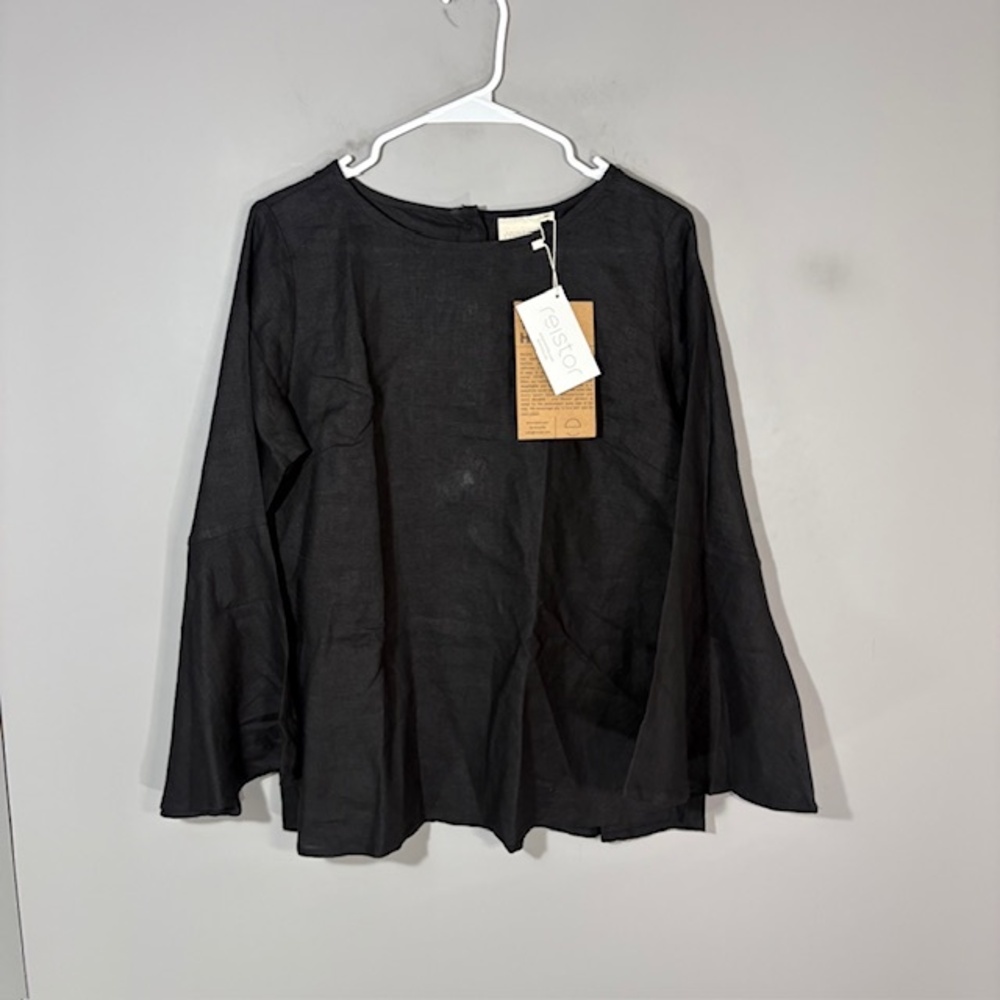 Reistor Blouse Womens Medium Black Bell Sleeve Button Back Hemp Tunic Top